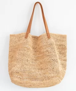 Elena Handbags Women's Large Soft Raffia Woven Summer Straw Tote with Genuine Leather Straps